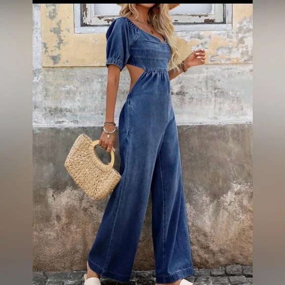 SHEIN Dark Blue Wide Leg Denim Jumpsuit M - Picture 4 of 7